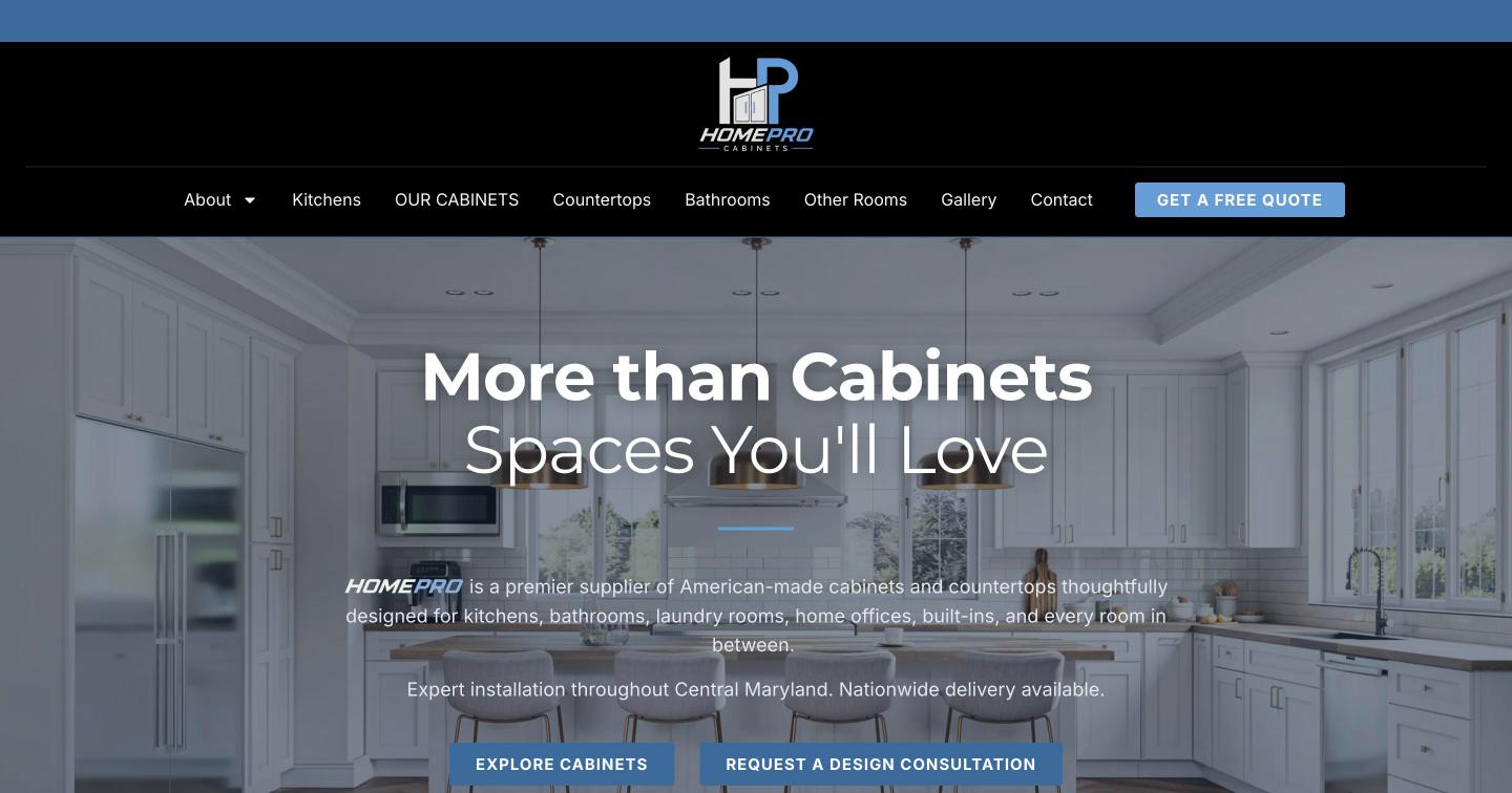 HomePro Cabinets website homepage worked on by SizzlePop Creative.
