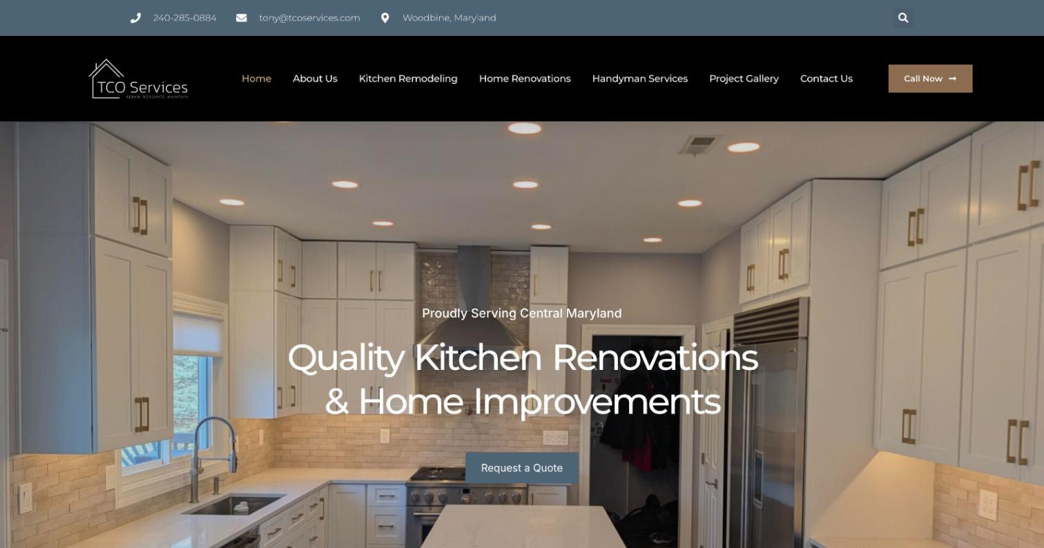The TCO Services website homepage, designed by SizzlePop Creative, showing a kitchen renovation and a request-a-quote button.