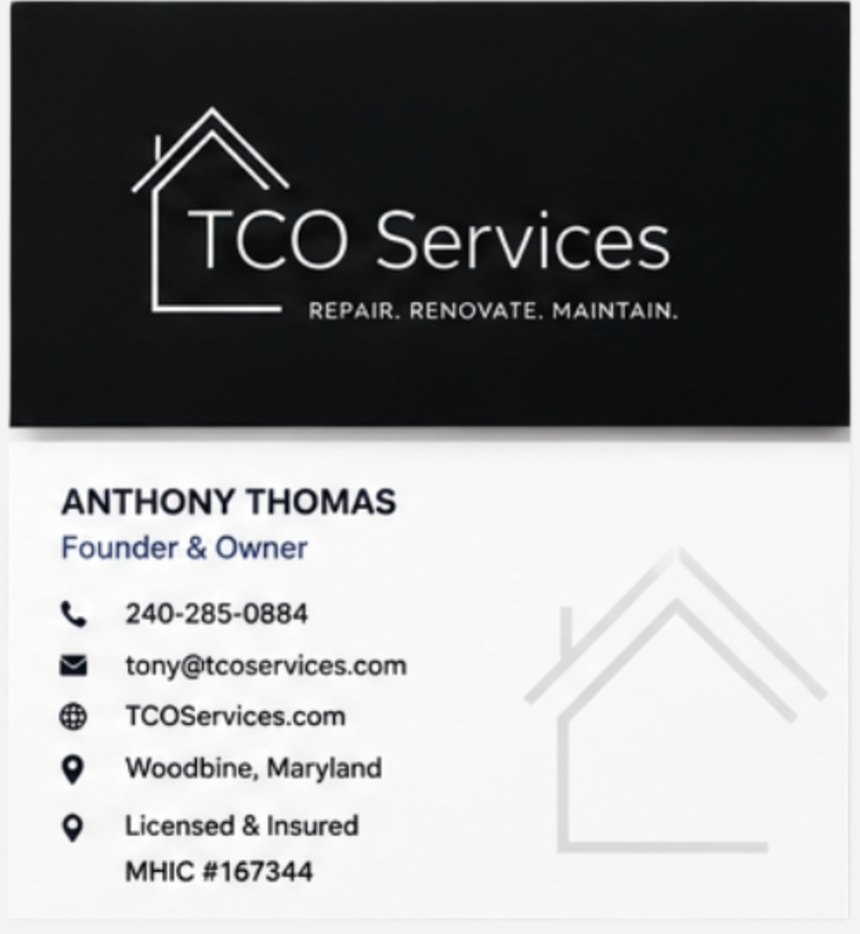 TCO Services business card, front and back.