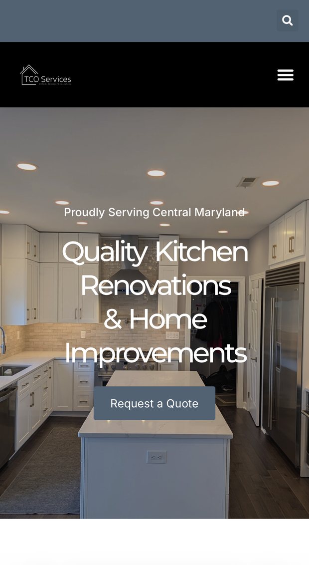 The TCO Services website on a phone, showing the kitchen hero and a Request a Quote button.